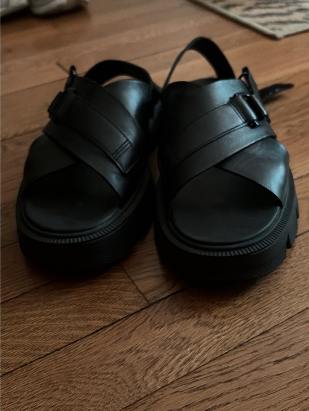 Sorel Womens Black Leather Platform Sandals